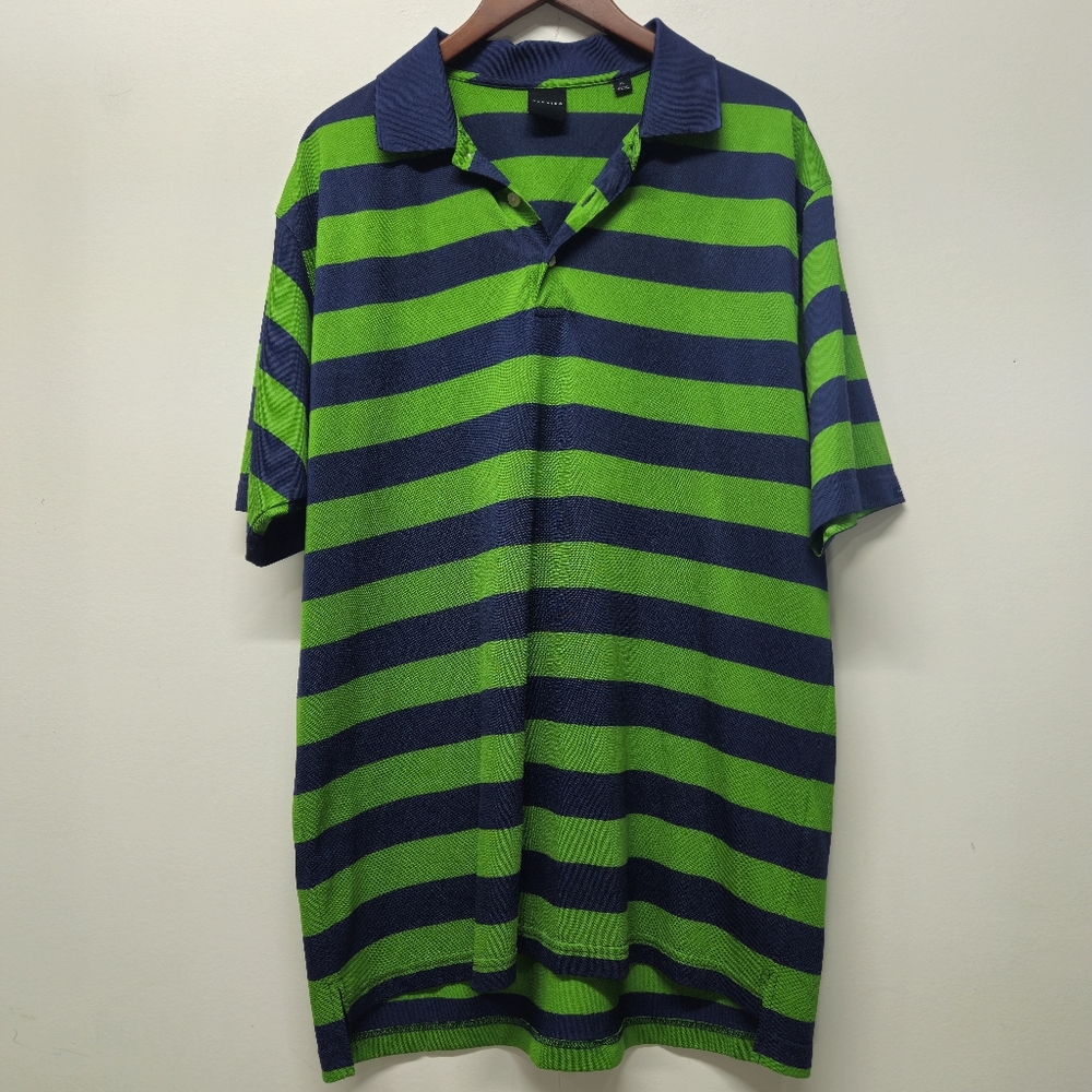 Dunning Mens Golf Polo Shirt Striped Size XL Green Blue Casual Classic Retro